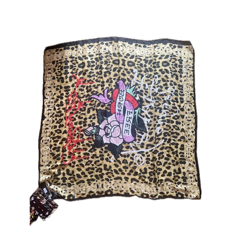 Ed Hardy 2 Pack 100% Silk Fashion Scarves Tiger Leopard Tattoo Print NWT